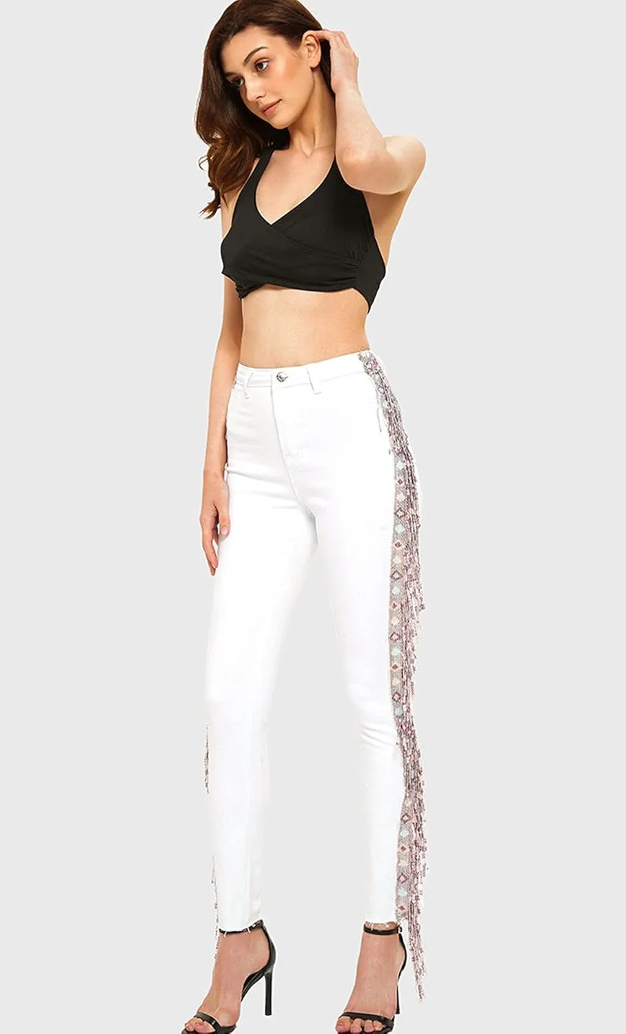 ebossy Women's Stylish Lace-Up Side Split Skinny Fit Stretch Ankle Jean Pants