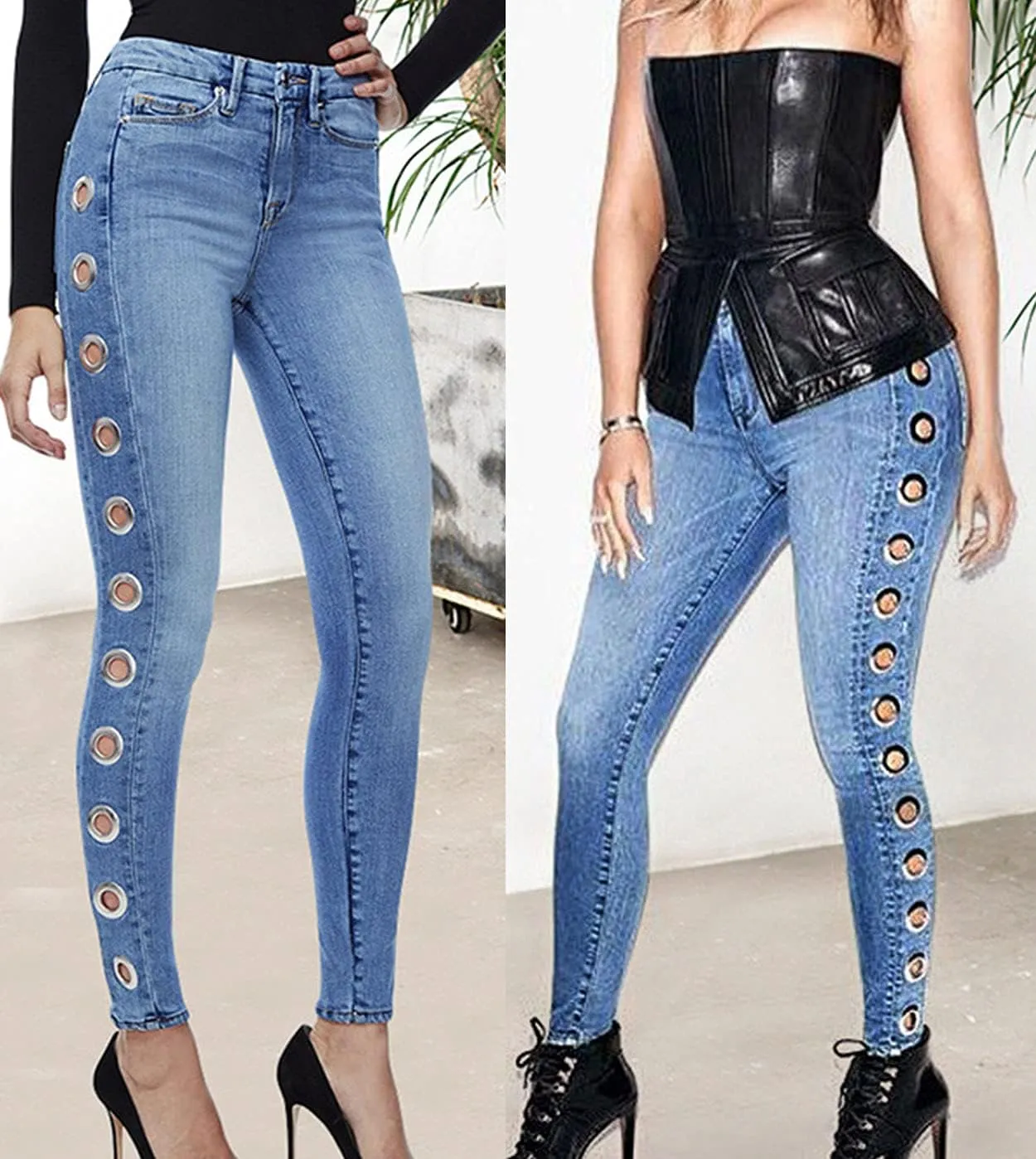 ebossy Women's Stylish Lace-Up Side Split Skinny Fit Stretch Ankle Jean Pants