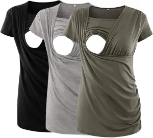 Ecavus 3PCS Women's Maternity Nursing Tops for Breastfeeding Short Sleeve Side Ruched Nursing Shirts