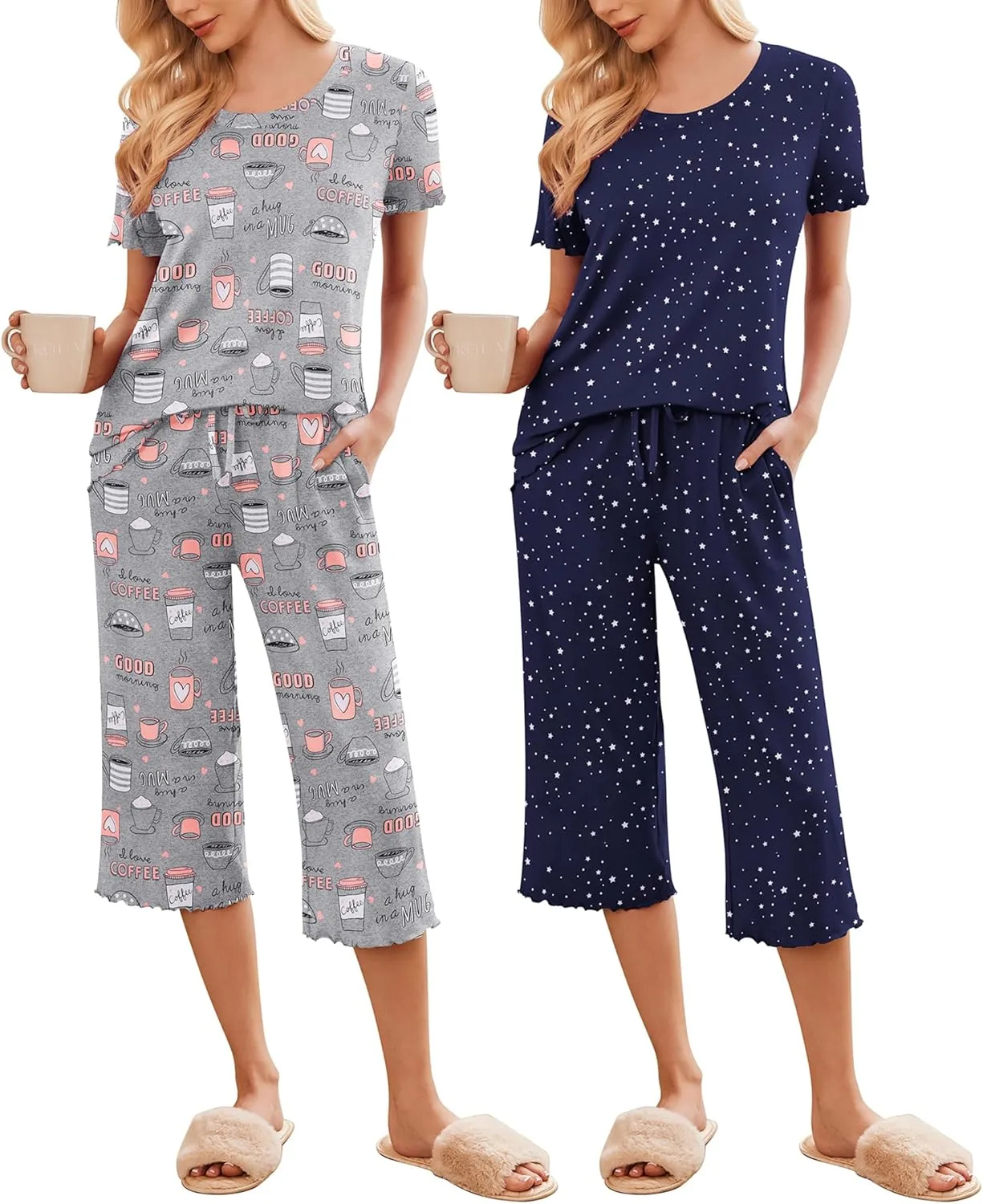 Ekouaer 2 Pack: Women's Pajamas Set Short Sleeve Sleepwear Capri Pants Pjs Soft Loungewear with Pockets