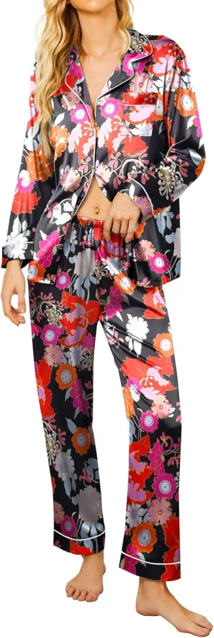 Ekouaer Silk Satin Pajamas Women's Long Sleeve Pj Set Soft Button Down 2 Piece Sleepwear Loungewear S-XXL