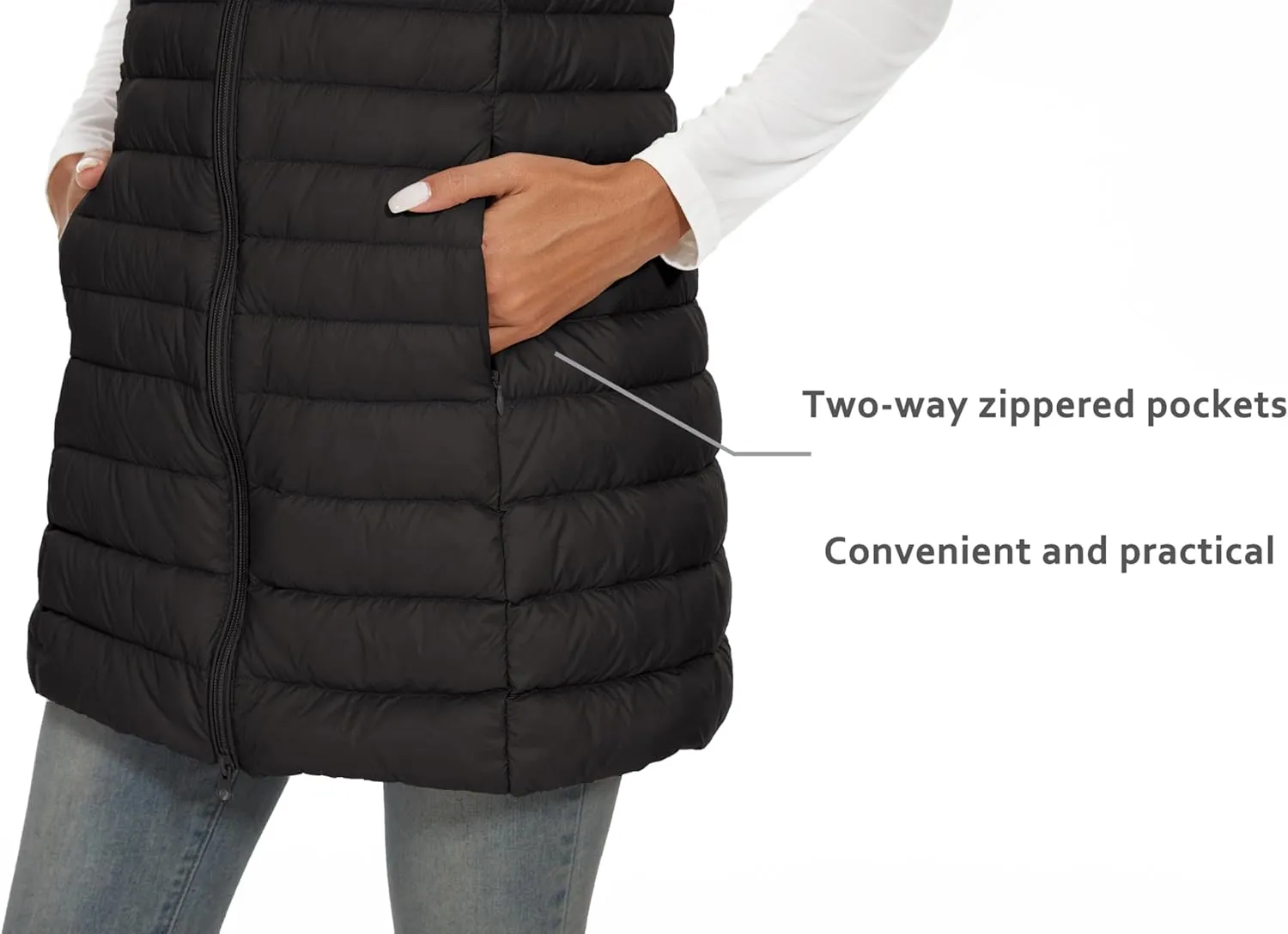 ELFJOY Women's Mid Long Down Vest Lightweight Puffer Vest Coat Jacket Stylish Windbreaker