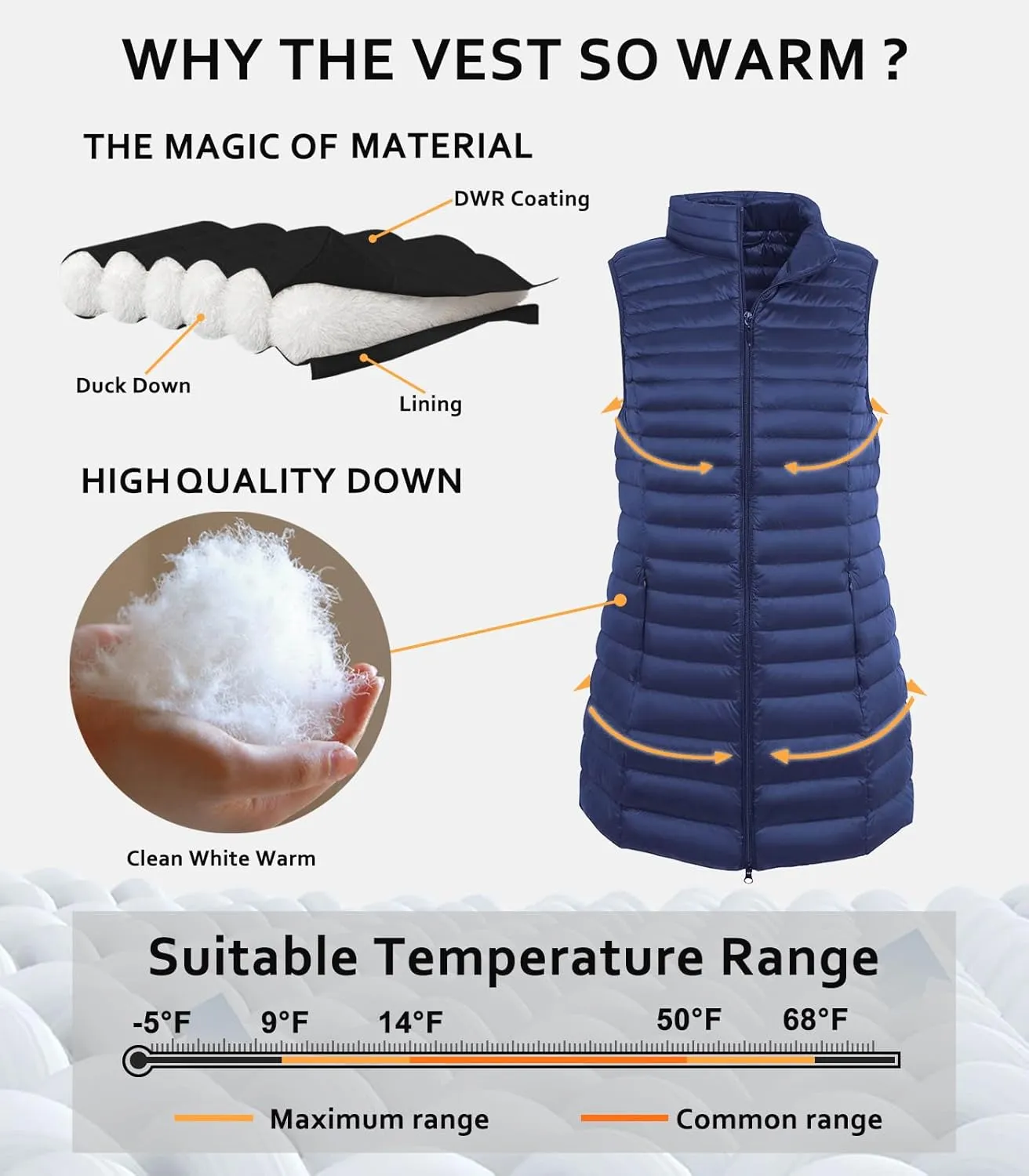 ELFJOY Women's Mid Long Down Vest Lightweight Puffer Vest Coat Jacket Stylish Windbreaker