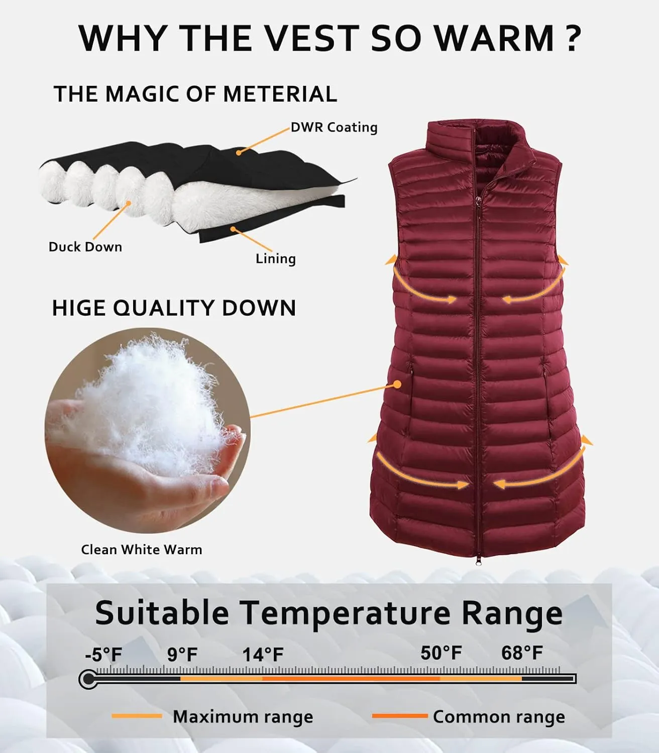 ELFJOY Women's Mid Long Down Vest Lightweight Puffer Vest Coat Jacket Stylish Windbreaker