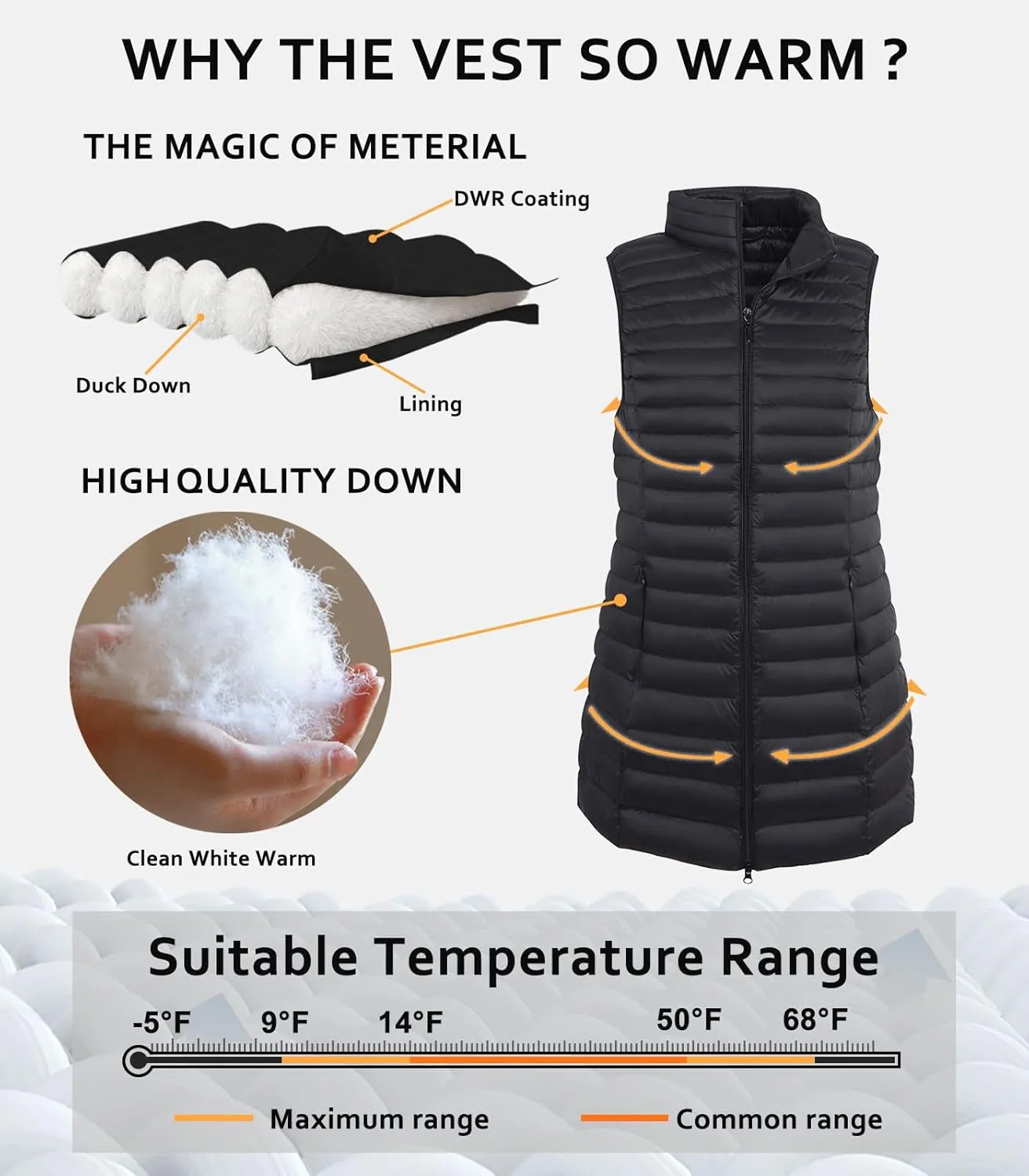 ELFJOY Women's Mid Long Down Vest Lightweight Puffer Vest Coat Jacket Stylish Windbreaker