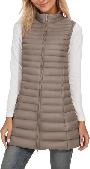 ELFJOY Women's Mid Long Down Vest Lightweight Puffer Vest Coat Jacket Stylish Windbreaker