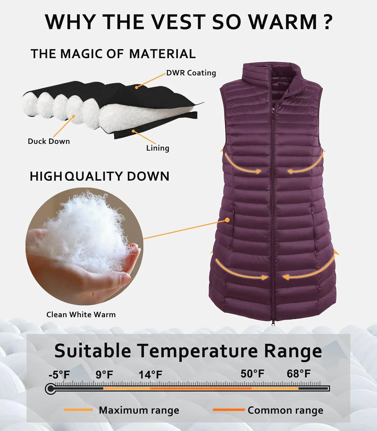 ELFJOY Women's Mid Long Down Vest Lightweight Puffer Vest Coat Jacket Stylish Windbreaker
