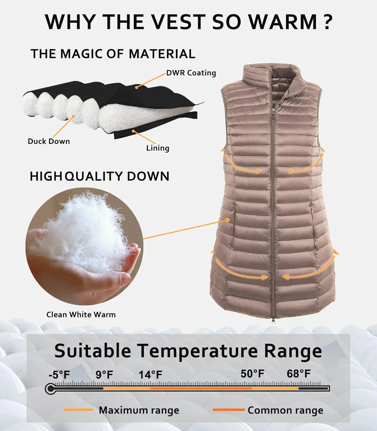 ELFJOY Women's Mid Long Down Vest Lightweight Puffer Vest Coat Jacket Stylish Windbreaker