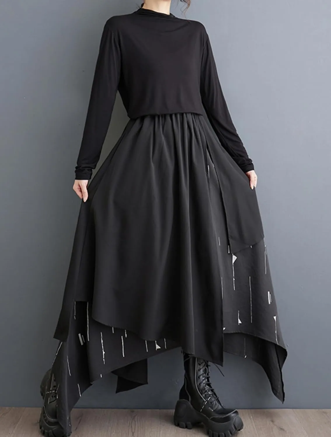 ellazhu Women's Baggy Irregular Patchwork Elastic Waist Ankle Maxi Skirt GZ73 A