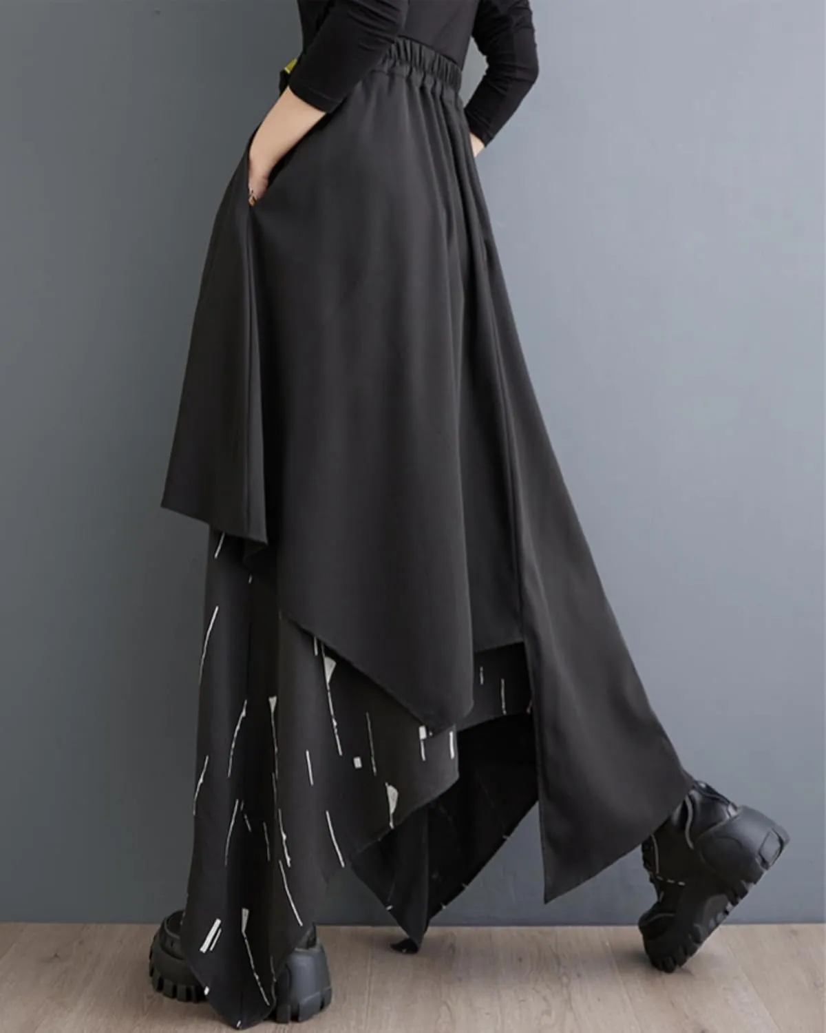 ellazhu Women's Baggy Irregular Patchwork Elastic Waist Ankle Maxi Skirt GZ73 A