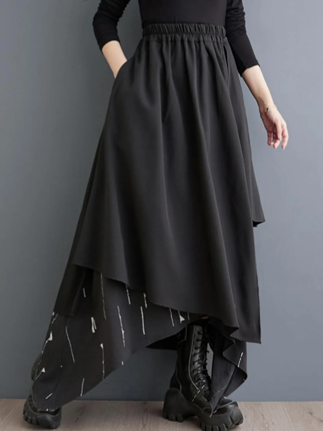 ellazhu Women's Baggy Irregular Patchwork Elastic Waist Ankle Maxi Skirt GZ73 A