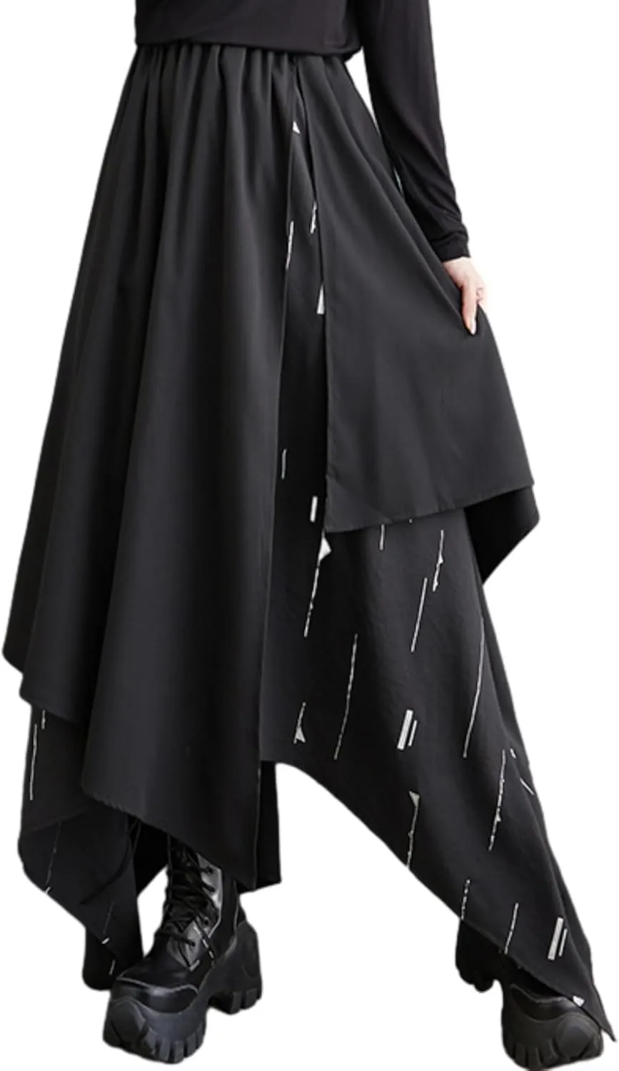 ellazhu Women's Baggy Irregular Patchwork Elastic Waist Ankle Maxi Skirt GZ73 A