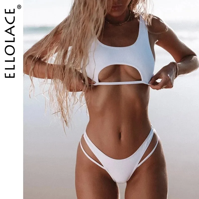 Ellolace Sexy Bikini Hollow Out Women&#39;s Swimsuit High Cut Micro Swimwear 2022 Stylish Bathing Suit Beach Outfits 2 Pieces