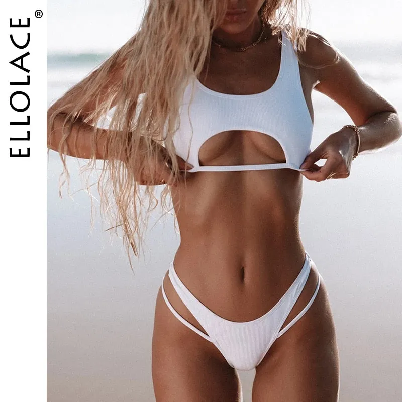Ellolace Sexy Bikini Hollow Out Women&#39;s Swimsuit High Cut Micro Swimwear 2022 Stylish Bathing Suit Beach Outfits 2 Pieces