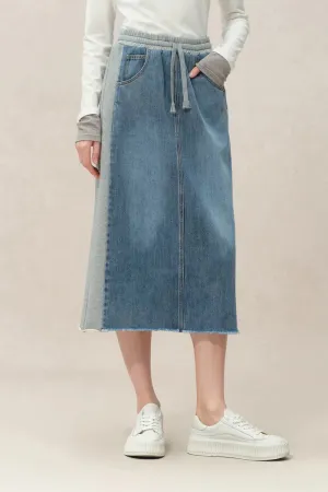 Elvin Patchwork Midi Skirt in Cotton Denim