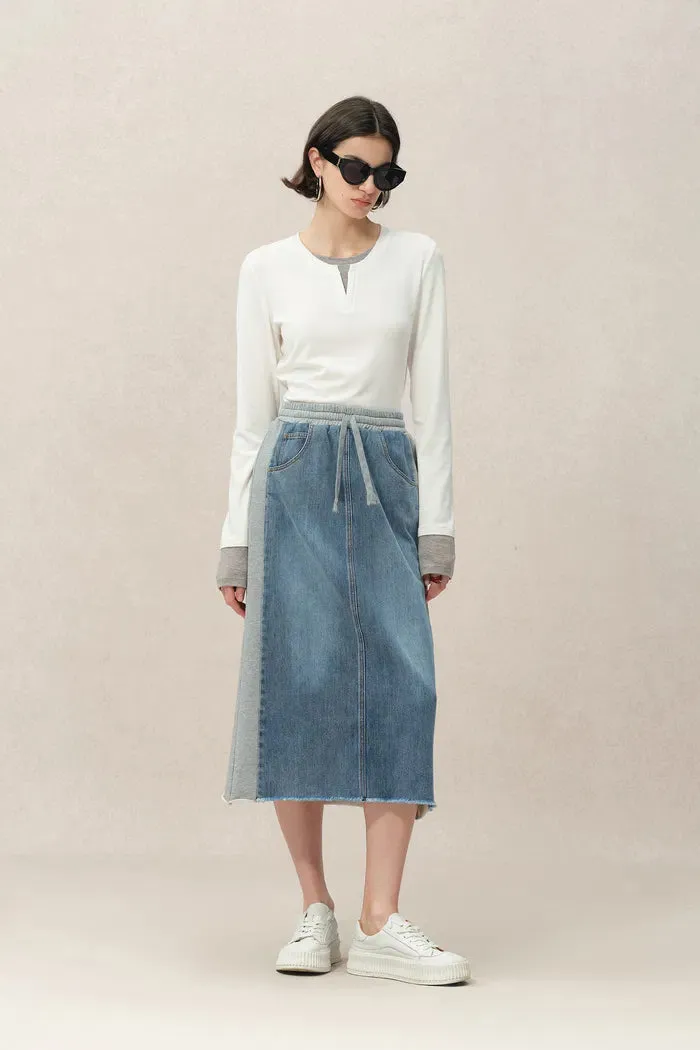 Elvin Patchwork Midi Skirt in Cotton Denim