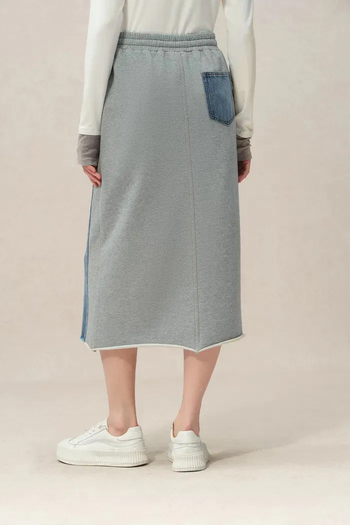 Elvin Patchwork Midi Skirt in Cotton Denim