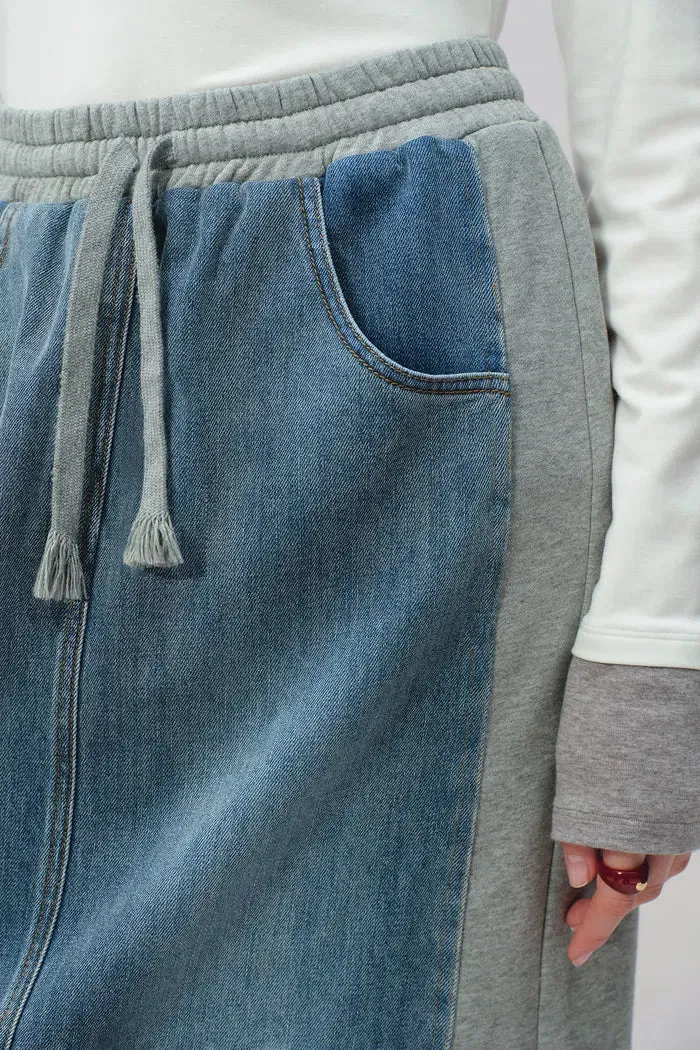 Elvin Patchwork Midi Skirt in Cotton Denim