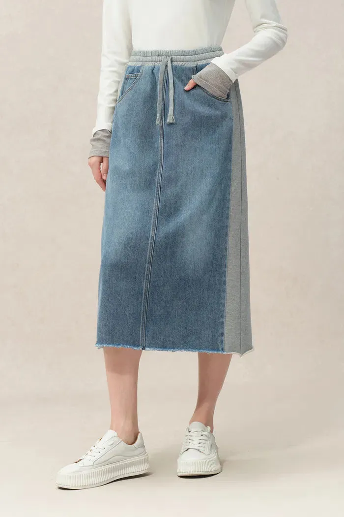 Elvin Patchwork Midi Skirt in Cotton Denim