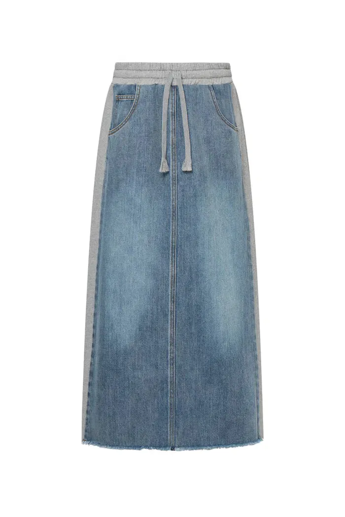 Elvin Patchwork Midi Skirt in Cotton Denim