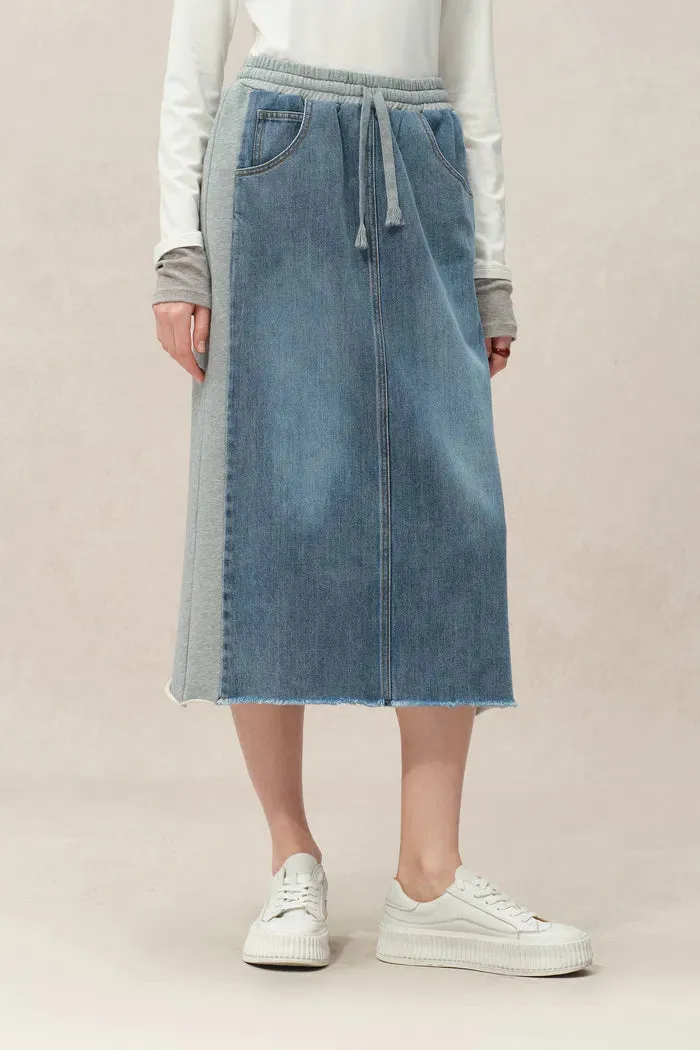 Elvin Patchwork Midi Skirt in Cotton Denim