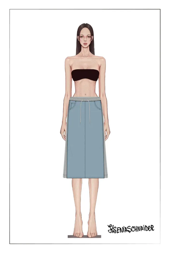 Elvin Patchwork Midi Skirt in Cotton Denim
