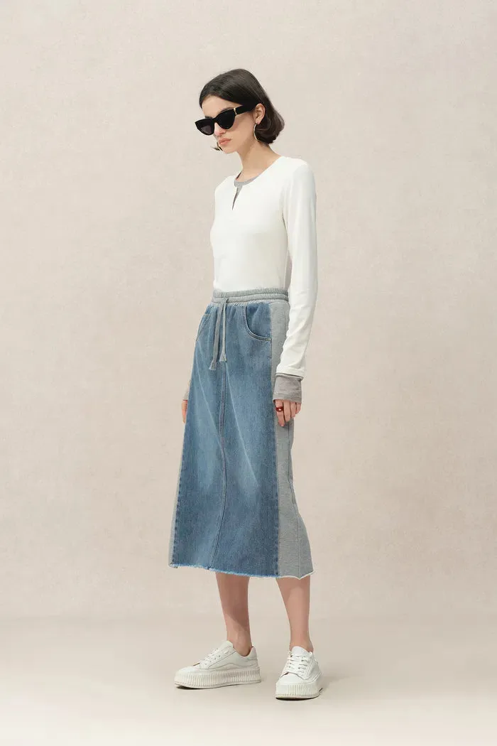 Elvin Patchwork Midi Skirt in Cotton Denim