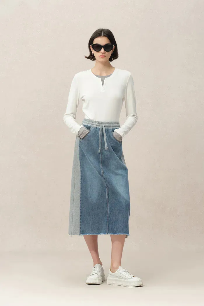 Elvin Patchwork Midi Skirt in Cotton Denim