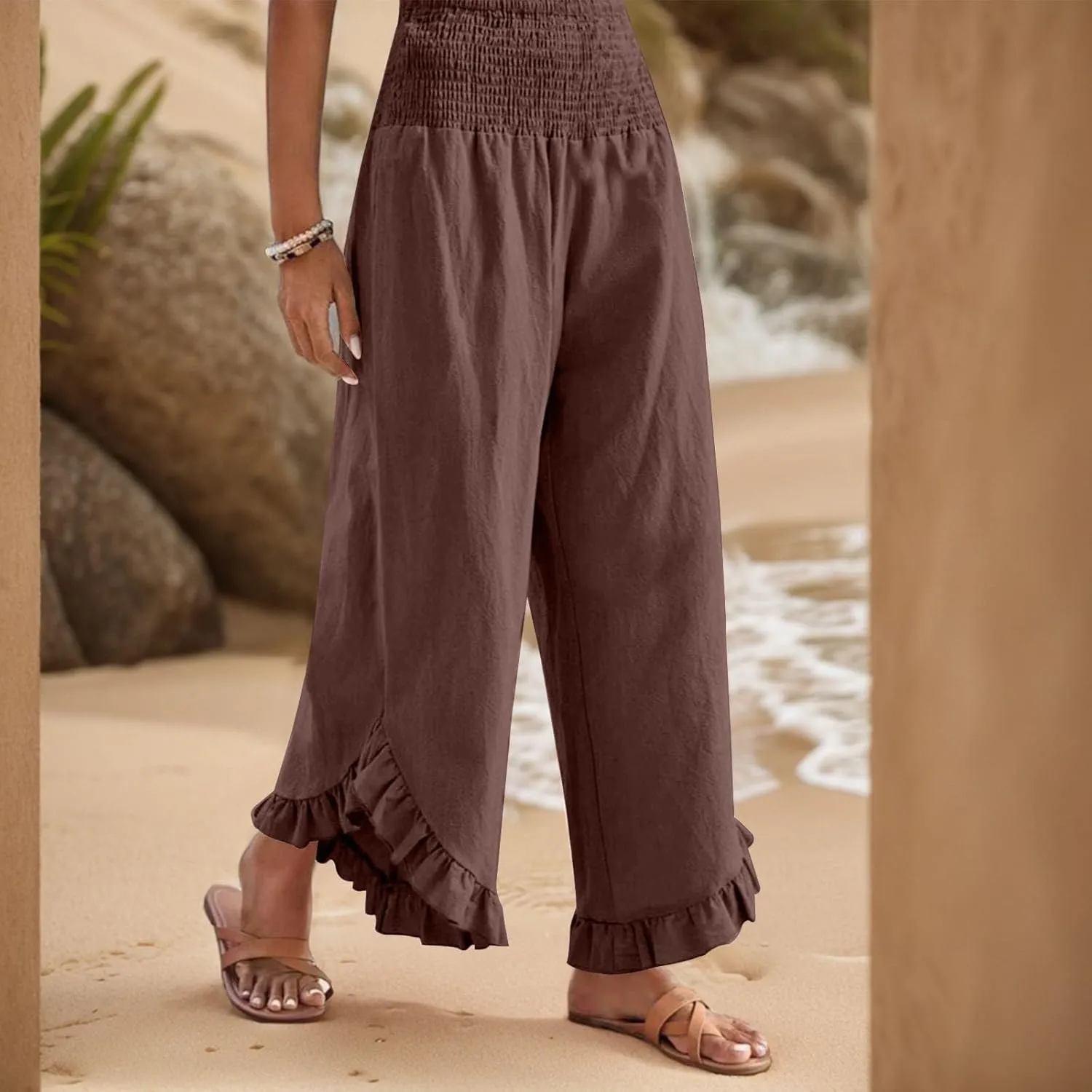 eoeioa Smocked Linen Pants for Women Elastic Waist Wide Leg Pant Lightweight Comfy Flowy Boho Pants with Pockets
