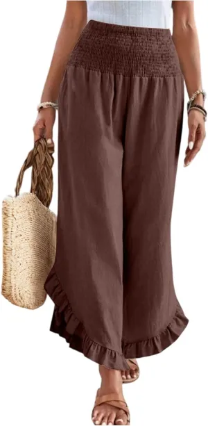 eoeioa Smocked Linen Pants for Women Elastic Waist Wide Leg Pant Lightweight Comfy Flowy Boho Pants with Pockets