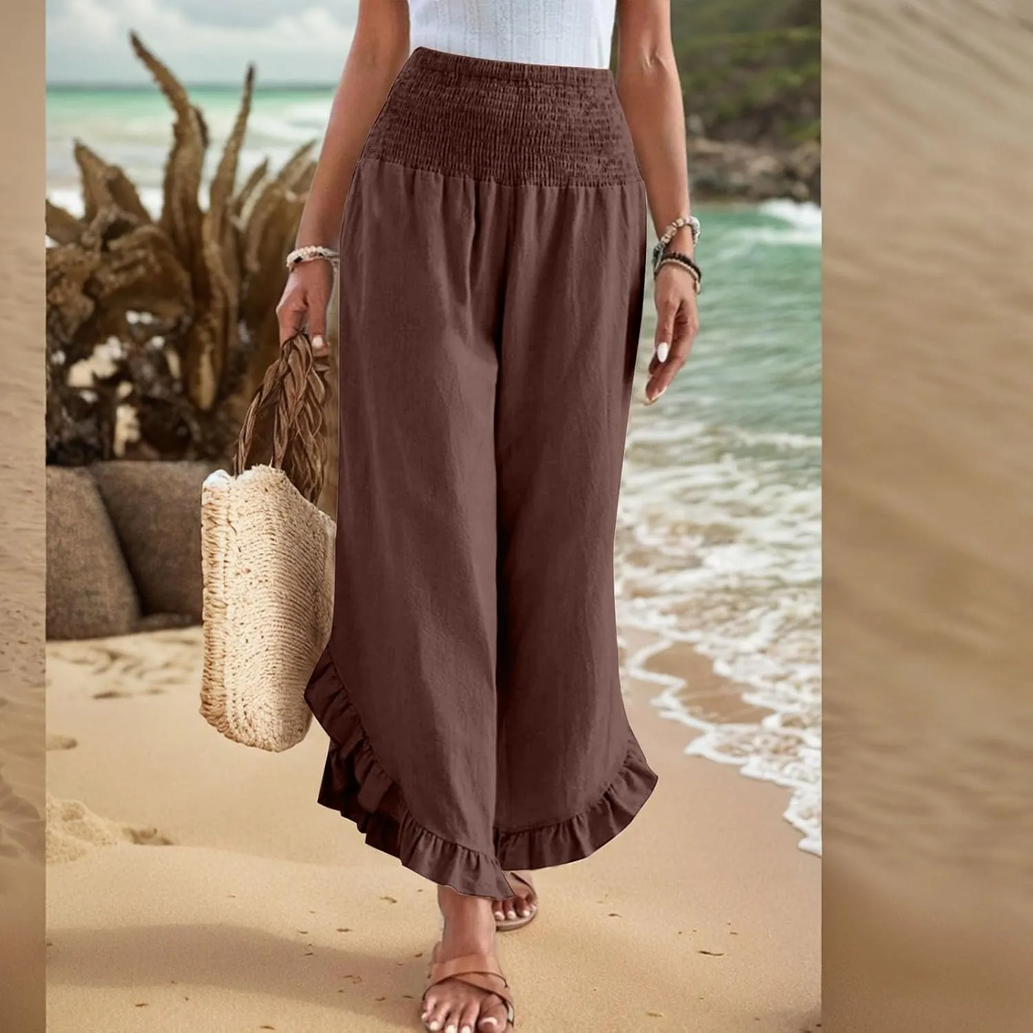 eoeioa Smocked Linen Pants for Women Elastic Waist Wide Leg Pant Lightweight Comfy Flowy Boho Pants with Pockets