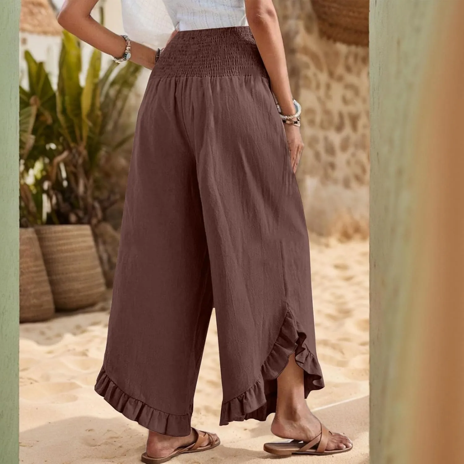 eoeioa Smocked Linen Pants for Women Elastic Waist Wide Leg Pant Lightweight Comfy Flowy Boho Pants with Pockets
