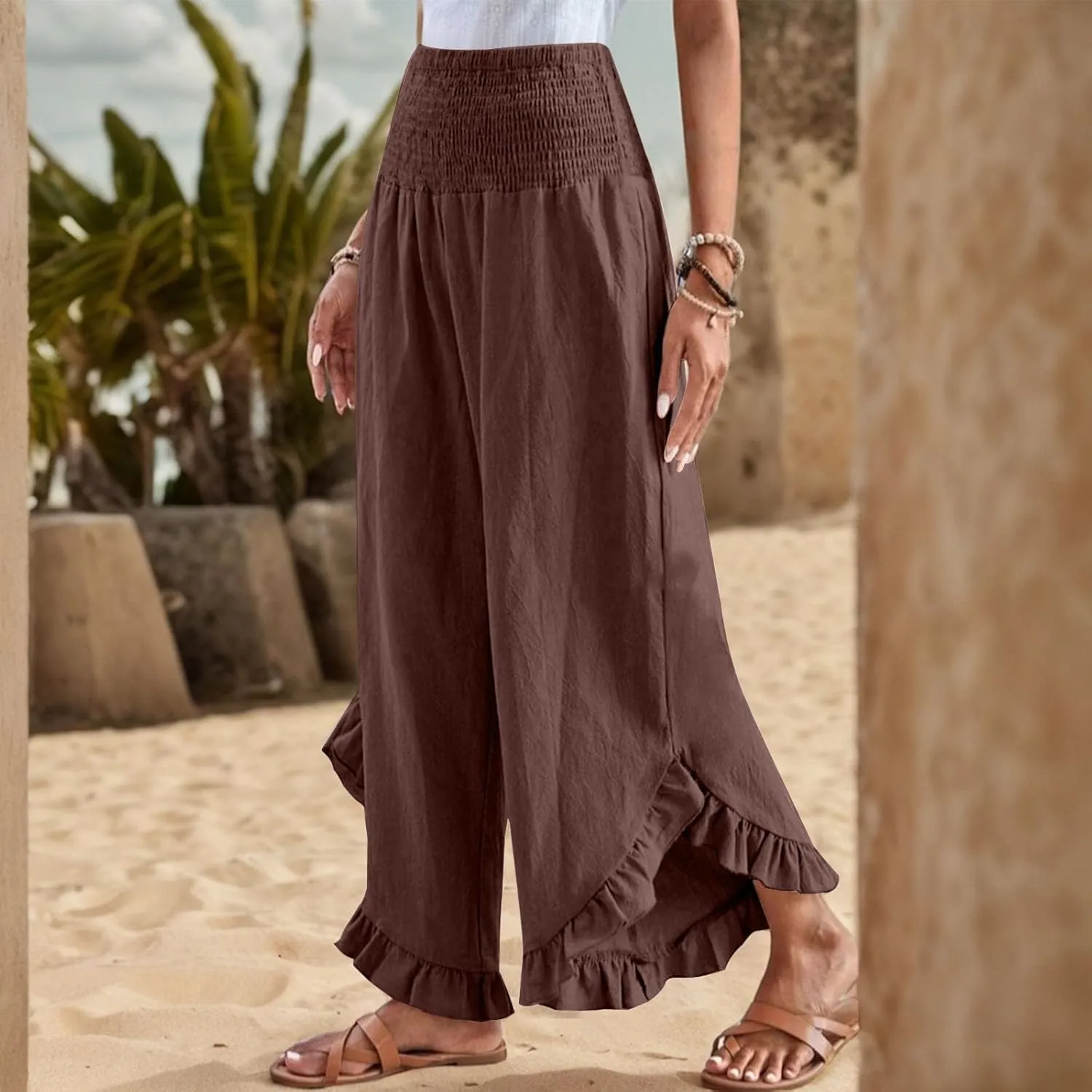 eoeioa Smocked Linen Pants for Women Elastic Waist Wide Leg Pant Lightweight Comfy Flowy Boho Pants with Pockets