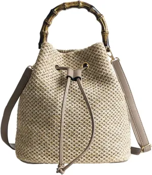 Fashionable Straw Bucket Bag Women's Crossbody Pouch Straw Drawstring Bucket Handbag Compact and Stylish