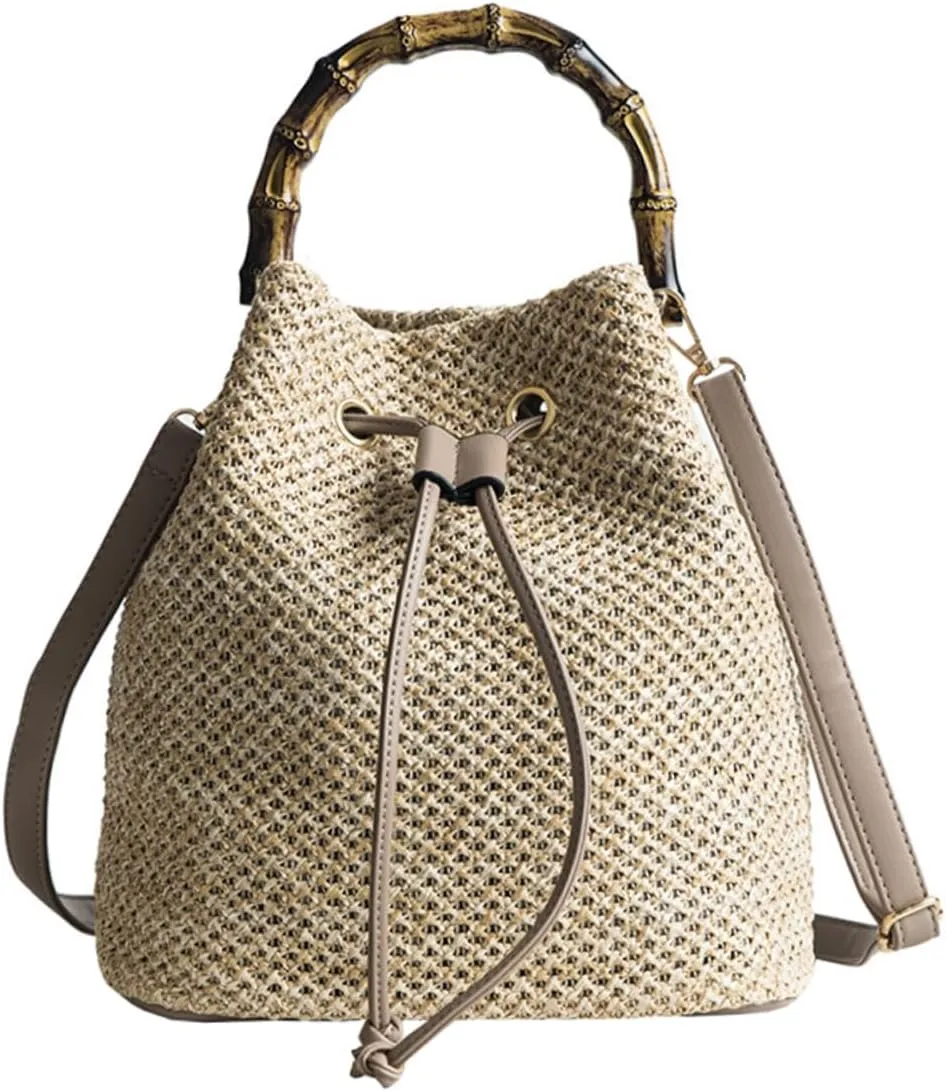 Fashionable Straw Bucket Bag Women's Crossbody Pouch Straw Drawstring Bucket Handbag Compact and Stylish