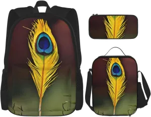 Feather Print Unisex Stylish Travel Backpack Set With Insulated Lunch Bag,Adjustable Straps