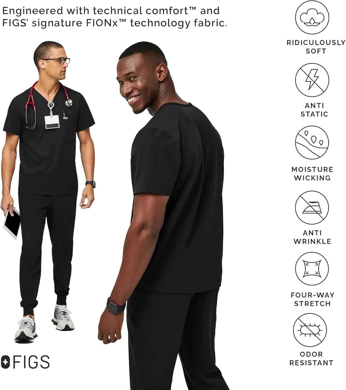 FIGS Leon Scrub Top for Men  3 Pockets, Tailored Fit, Modern V-Neck, 4-Way Stretch, Moisture-Wicking Men's Scrubs