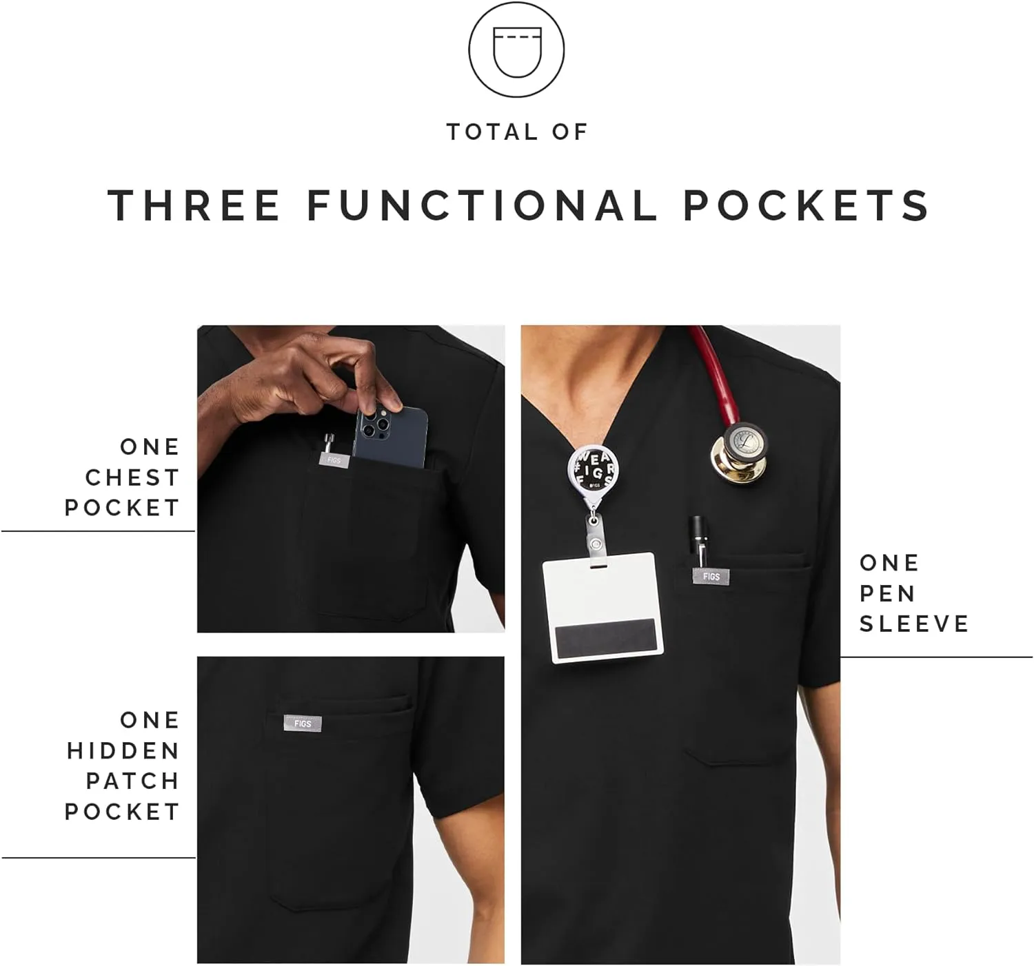 FIGS Leon Scrub Top for Men  3 Pockets, Tailored Fit, Modern V-Neck, 4-Way Stretch, Moisture-Wicking Men's Scrubs