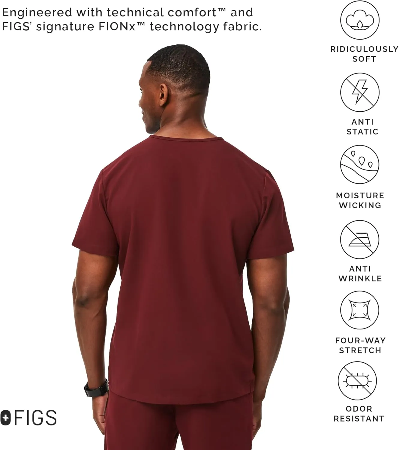 FIGS Leon Scrub Top for Men  3 Pockets, Tailored Fit, Modern V-Neck, 4-Way Stretch, Moisture-Wicking Men's Scrubs