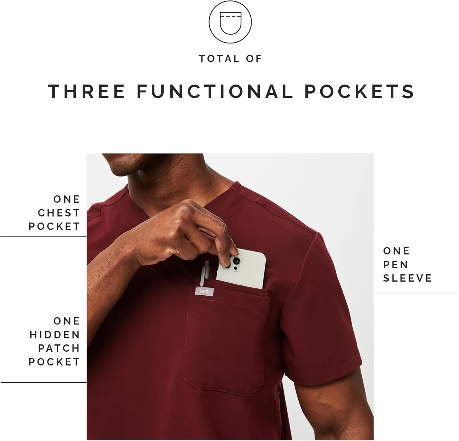FIGS Leon Scrub Top for Men  3 Pockets, Tailored Fit, Modern V-Neck, 4-Way Stretch, Moisture-Wicking Men's Scrubs