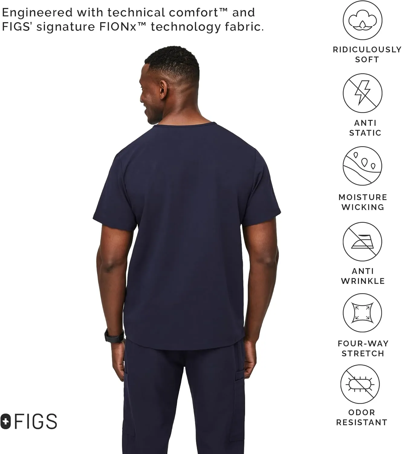 FIGS Leon Scrub Top for Men  3 Pockets, Tailored Fit, Modern V-Neck, 4-Way Stretch, Moisture-Wicking Men's Scrubs
