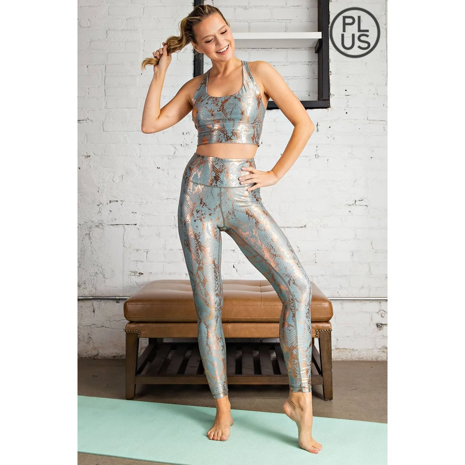 FINAL SALE Antique Sage Snake Print Foil Leggings in CURVY
