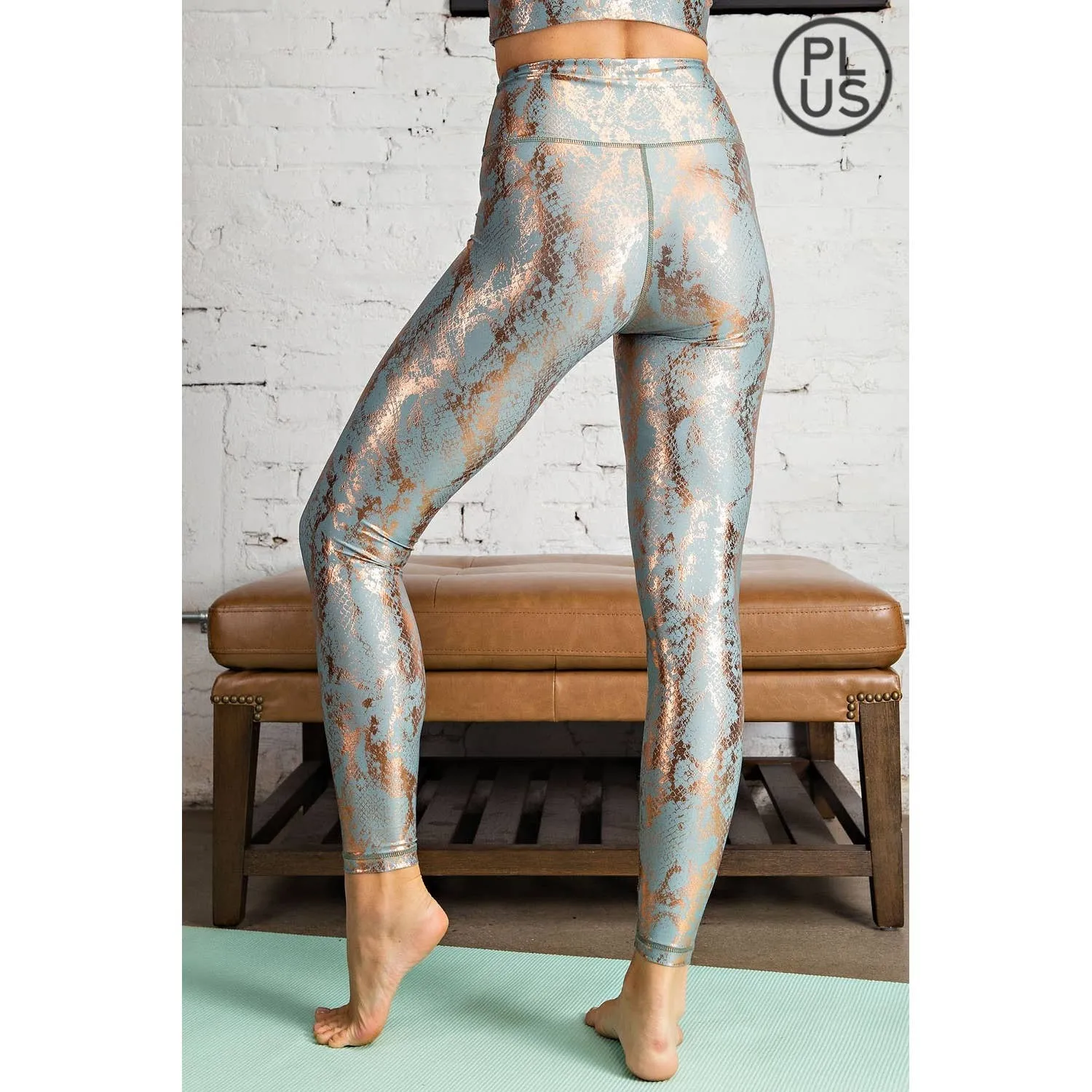 FINAL SALE Antique Sage Snake Print Foil Leggings in CURVY