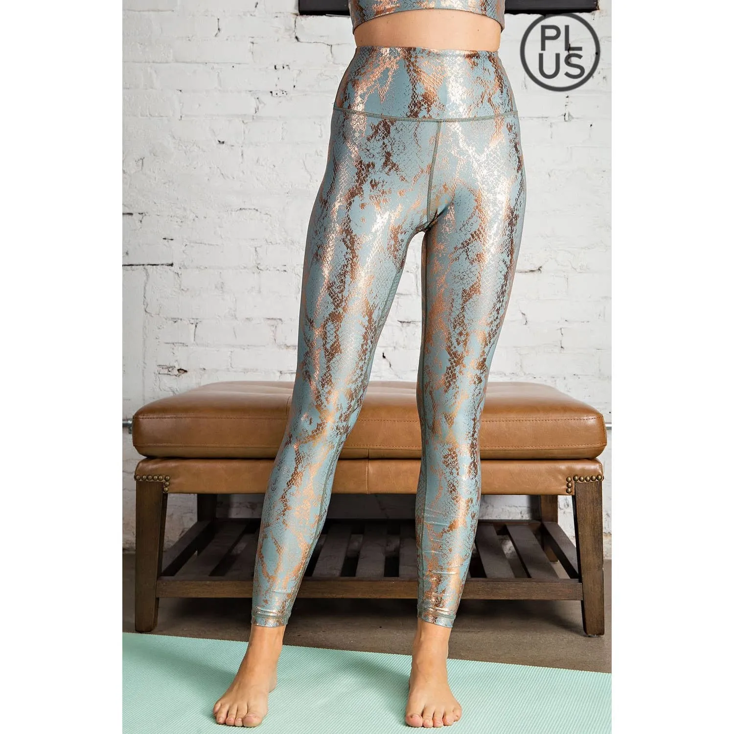 FINAL SALE Antique Sage Snake Print Foil Leggings in CURVY