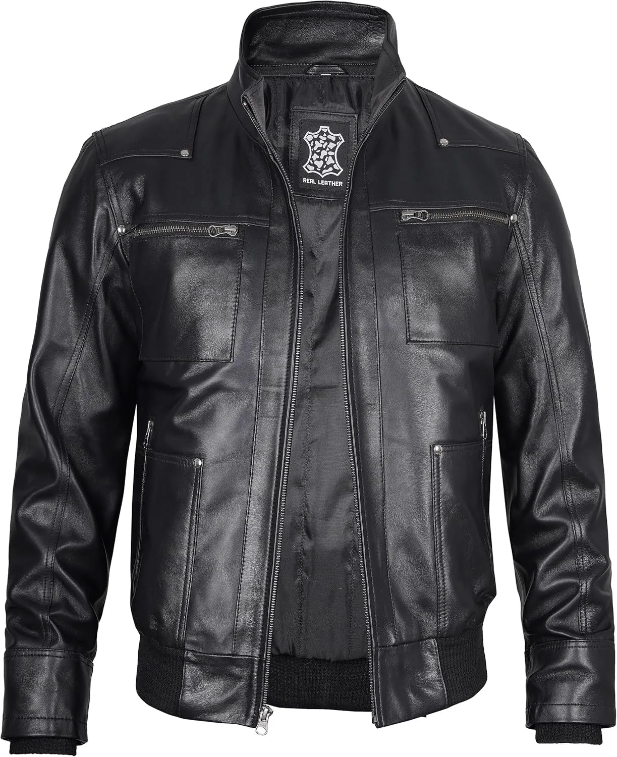 fjackets Real Leather Bomber Jacket - Motorcycle Casual Stand Collar Jackets with Removable Hood