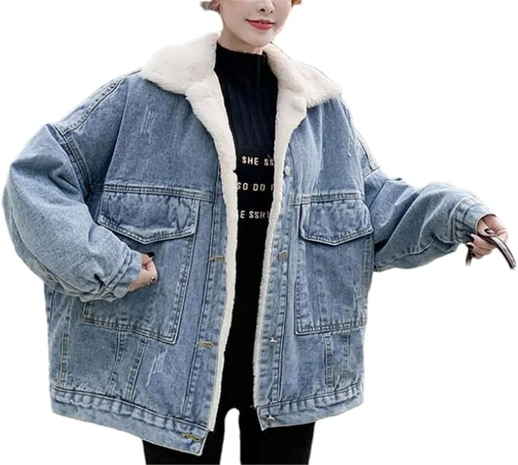 Fjnbbiot Fashion Winter Women Coat Warm Lapel Thick Jacket Casual Work Clothes Cotton Padded Denim Jackets