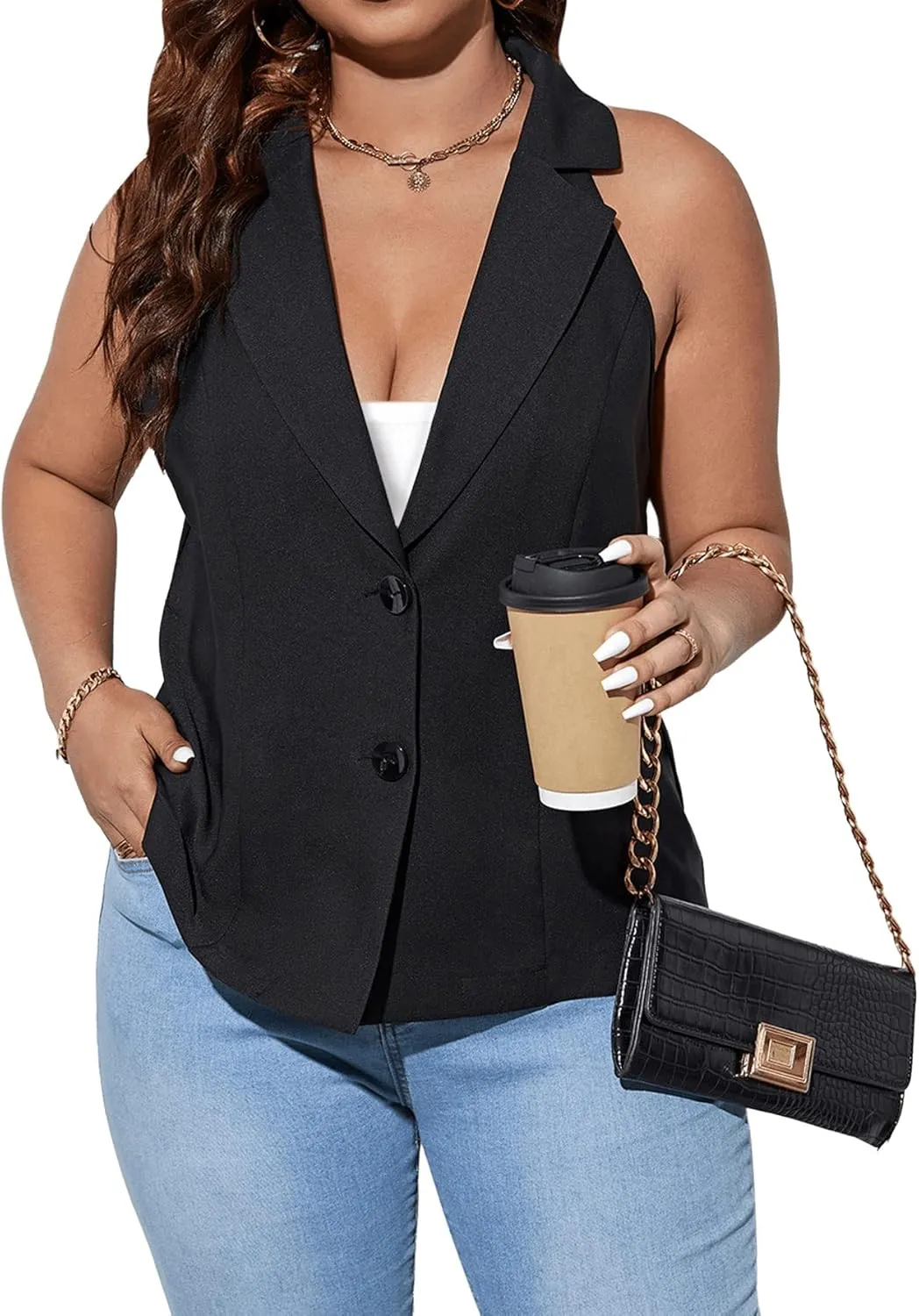Floerns Women's Plus Size Button Down Lapel Neck Vest Sleeveless Blazer Suit Jackets