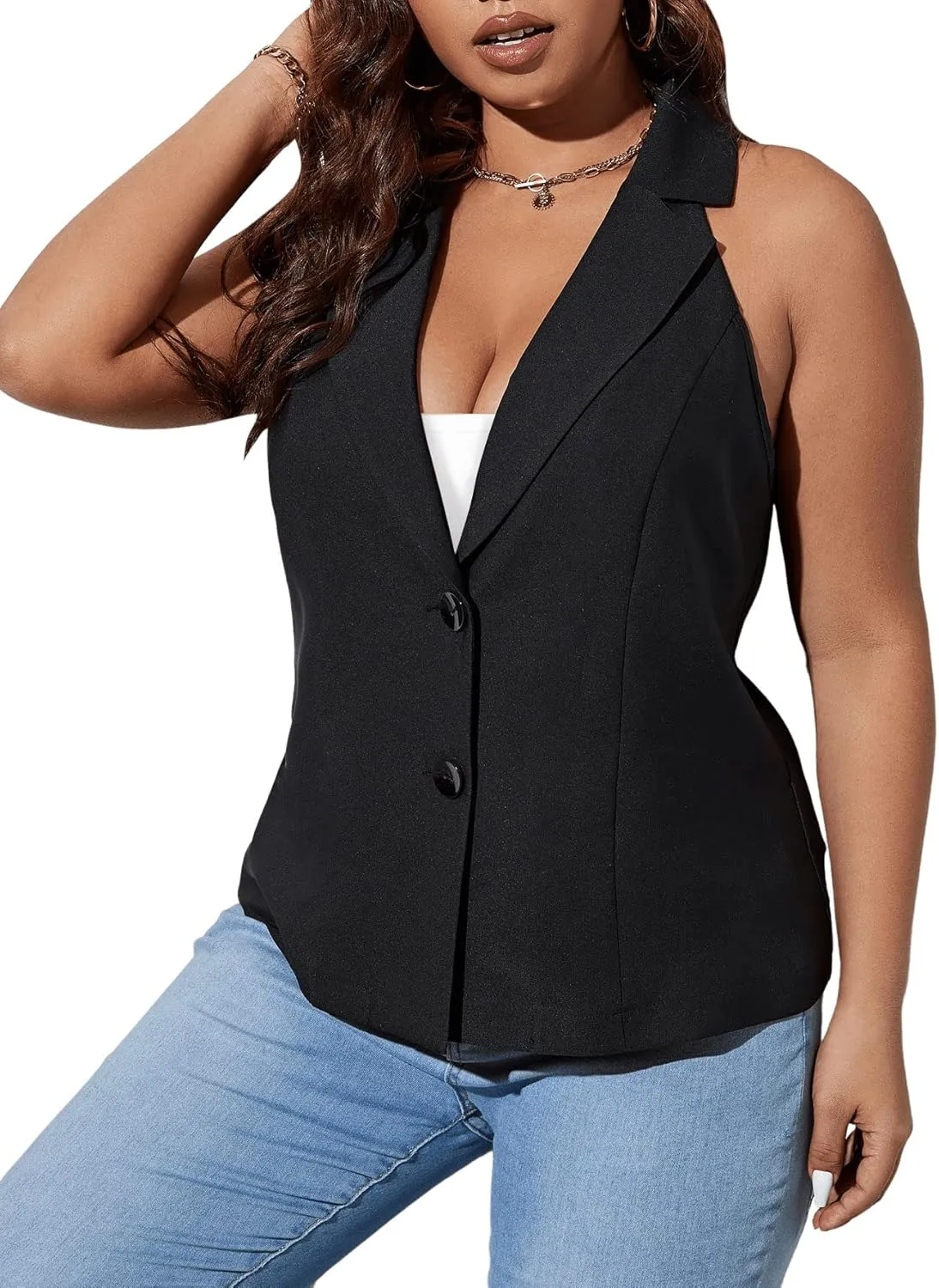 Floerns Women's Plus Size Button Down Lapel Neck Vest Sleeveless Blazer Suit Jackets