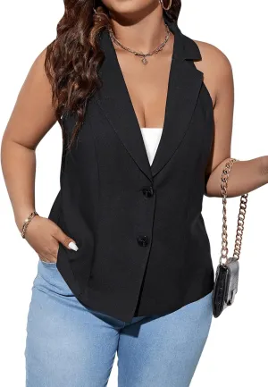 Floerns Women's Plus Size Button Down Lapel Neck Vest Sleeveless Blazer Suit Jackets