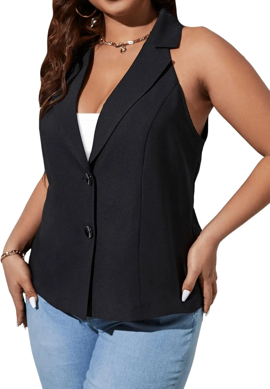 Floerns Women's Plus Size Button Down Lapel Neck Vest Sleeveless Blazer Suit Jackets